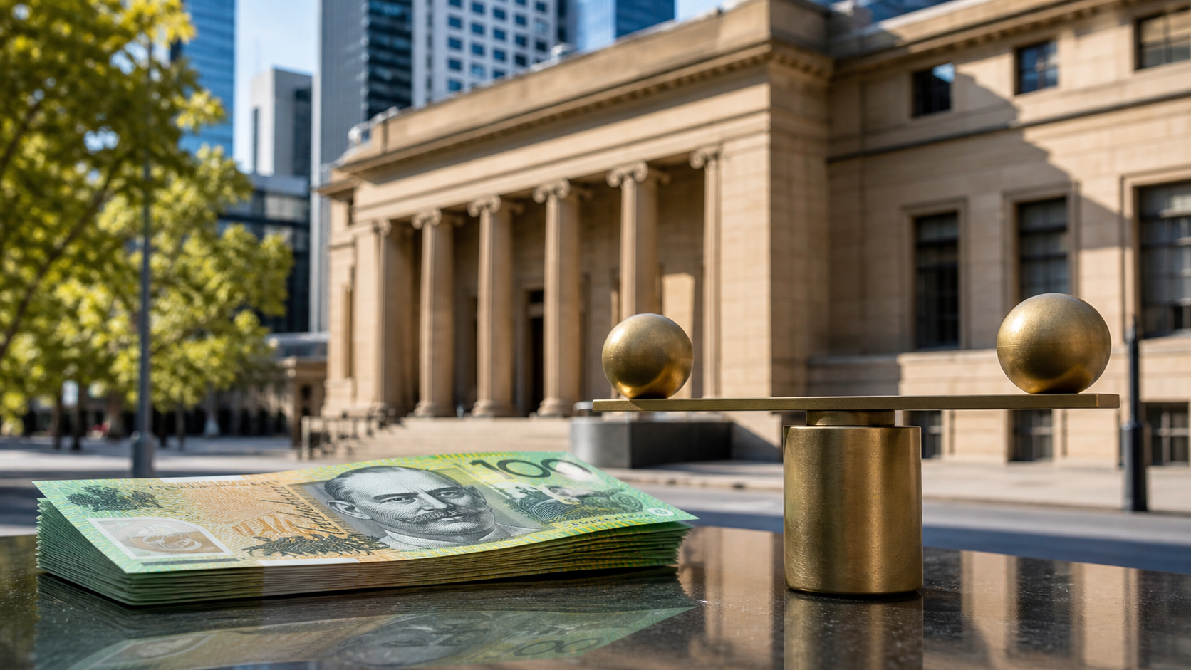 Australian currency and a balanced scale outside a financial institution